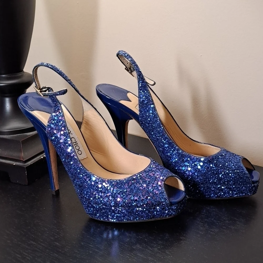 Jimmy Choo Open Toe Glitter Shoes 12cm lift Size 36.5 - Picture 2 of 12